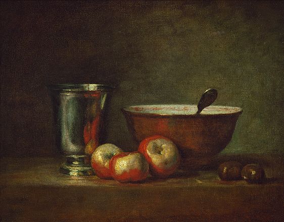 Trois pommes d'api, deux châtaignes, une écuelle et un gobelet d'argent, Chardin